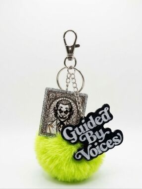 Neon Lime Fuzzy Pom Keychain with 'Guided By Voices' Patch